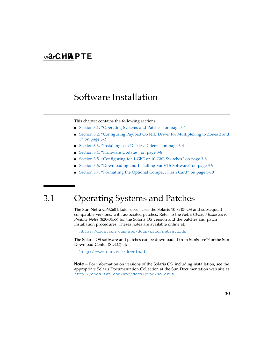 Sun Microsystems CP3260 manual Software Installation, Operating Systems and Patches 