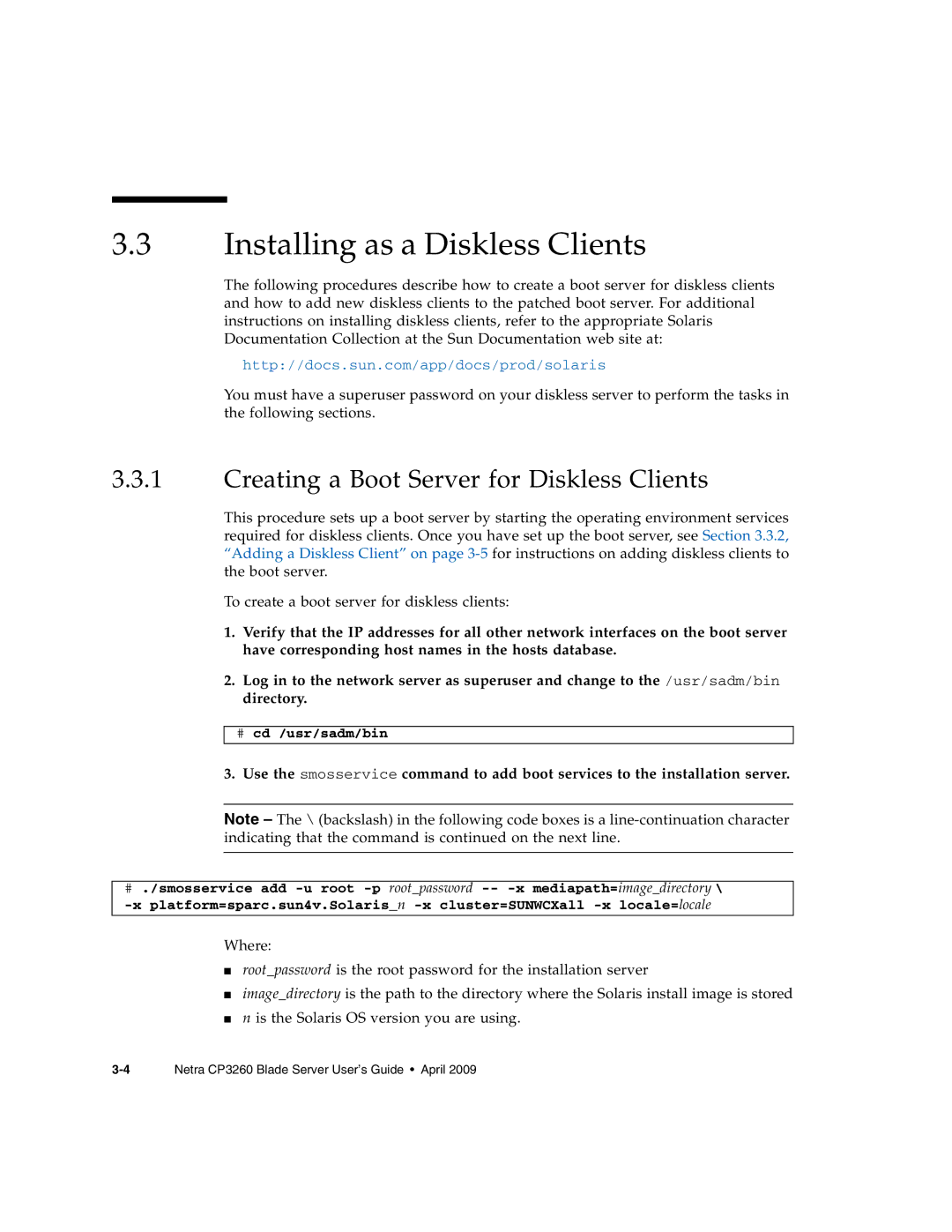 Sun Microsystems CP3260 manual Installing as a Diskless Clients, Creating a Boot Server for Diskless Clients 