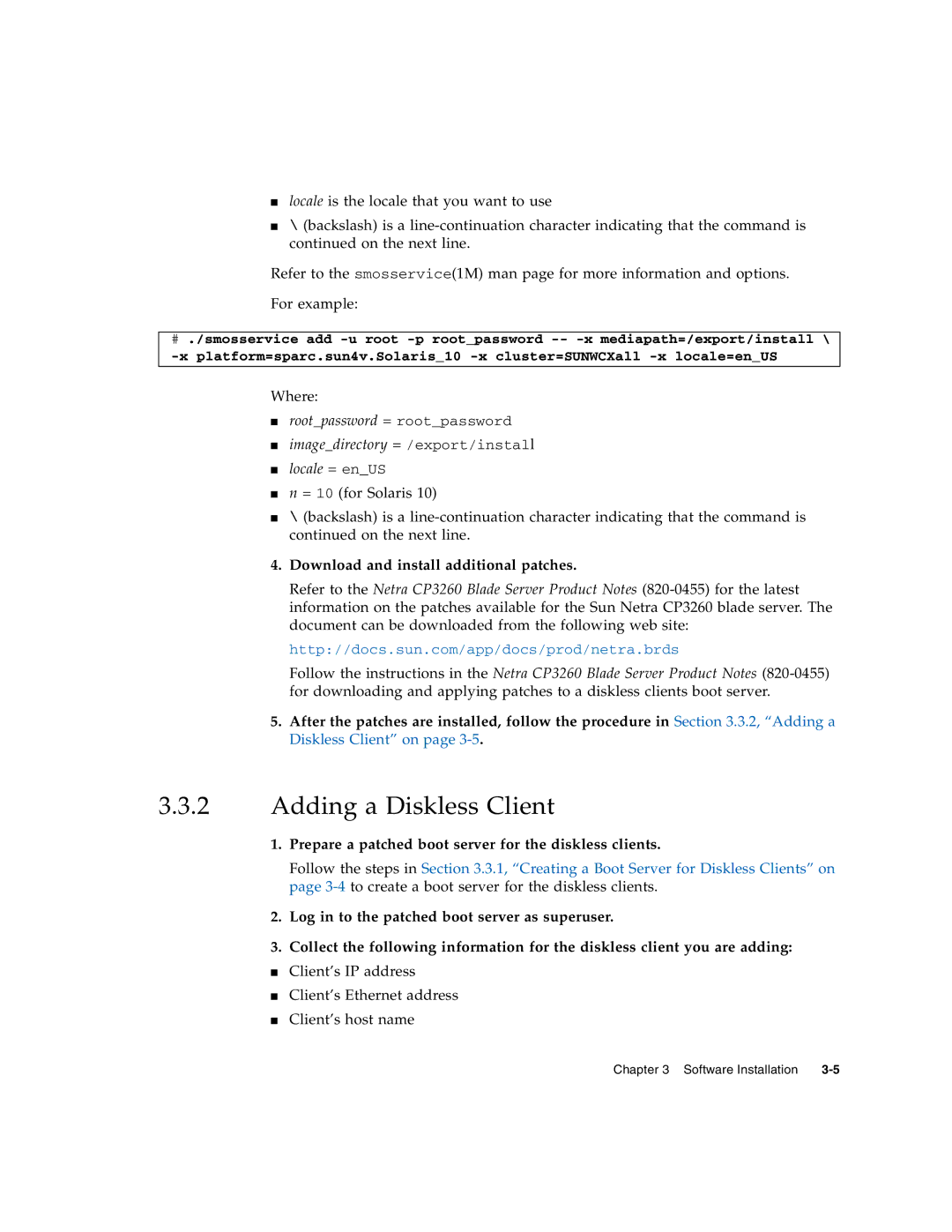 Sun Microsystems CP3260 manual Adding a Diskless Client, Download and install additional patches 