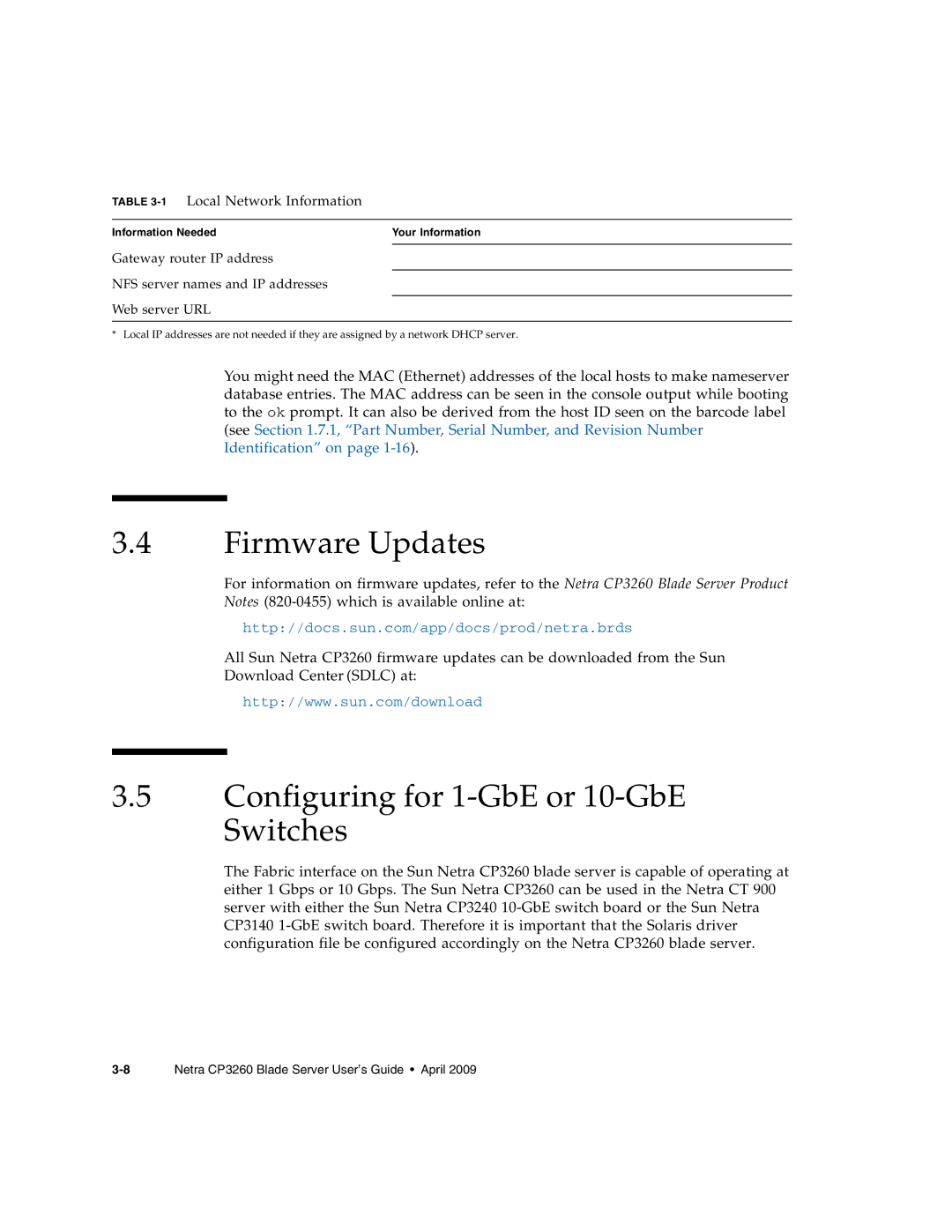 Sun Microsystems CP3260 manual Firmware Updates, Configuring for 1-GbE or 10-GbE Switches 