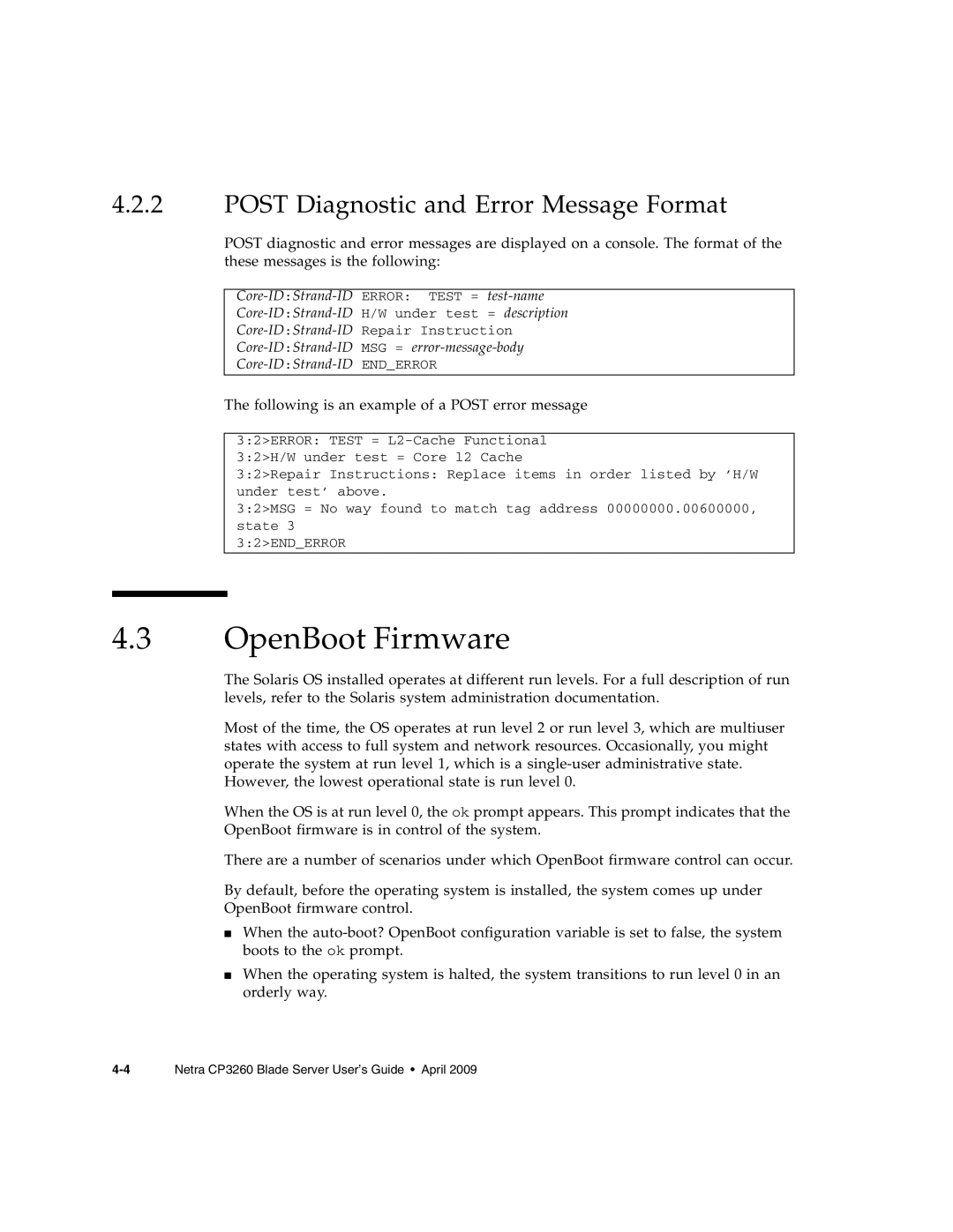 Sun Microsystems CP3260 manual OpenBoot Firmware, Post Diagnostic and Error Message Format 