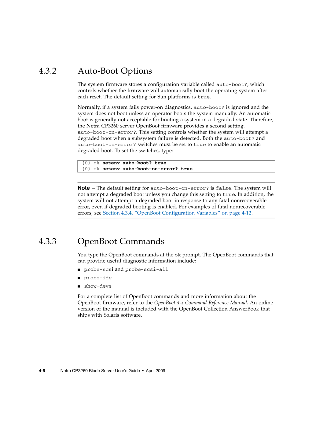 Sun Microsystems CP3260 manual Auto-Boot Options, OpenBoot Commands 