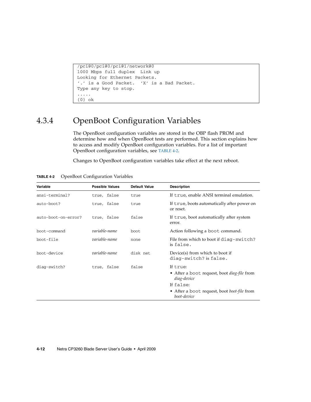 Sun Microsystems CP3260 manual 2OpenBoot Configuration Variables 