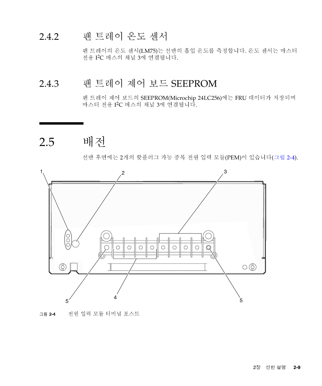 Sun Microsystems Ct 900 manual 2 팬 트레이 온도 센서, 3 팬 트레이 제어 보드 Seeprom, 선반 후면에는 2개의 핫플러그 가능 중복 전원 입력 모듈PEM이 있습니다그림 