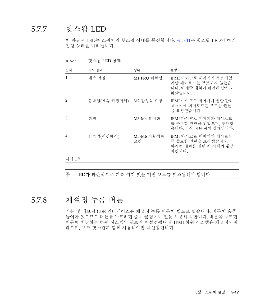 Sun Microsystems Ct 900 manual 7 핫스왑 LED, 8 재설정 누름 버튼, Led가 파란색으로 계속 켜져 있을 때만 보드를 핫스왑해야 합니다 