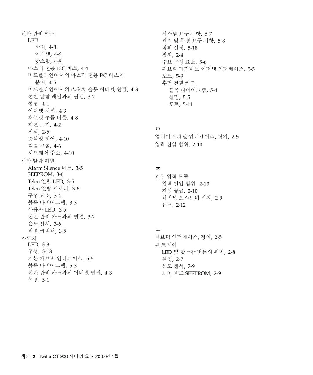 Sun Microsystems Ct 900 manual 선반 알람 패널, 패브릭 기가비트 이더넷 인터페이스, 5-5포트, 5-9후면 전환 카드, 업데이트 채널 인터페이스, 정의, 2-5입력 전압 범위 