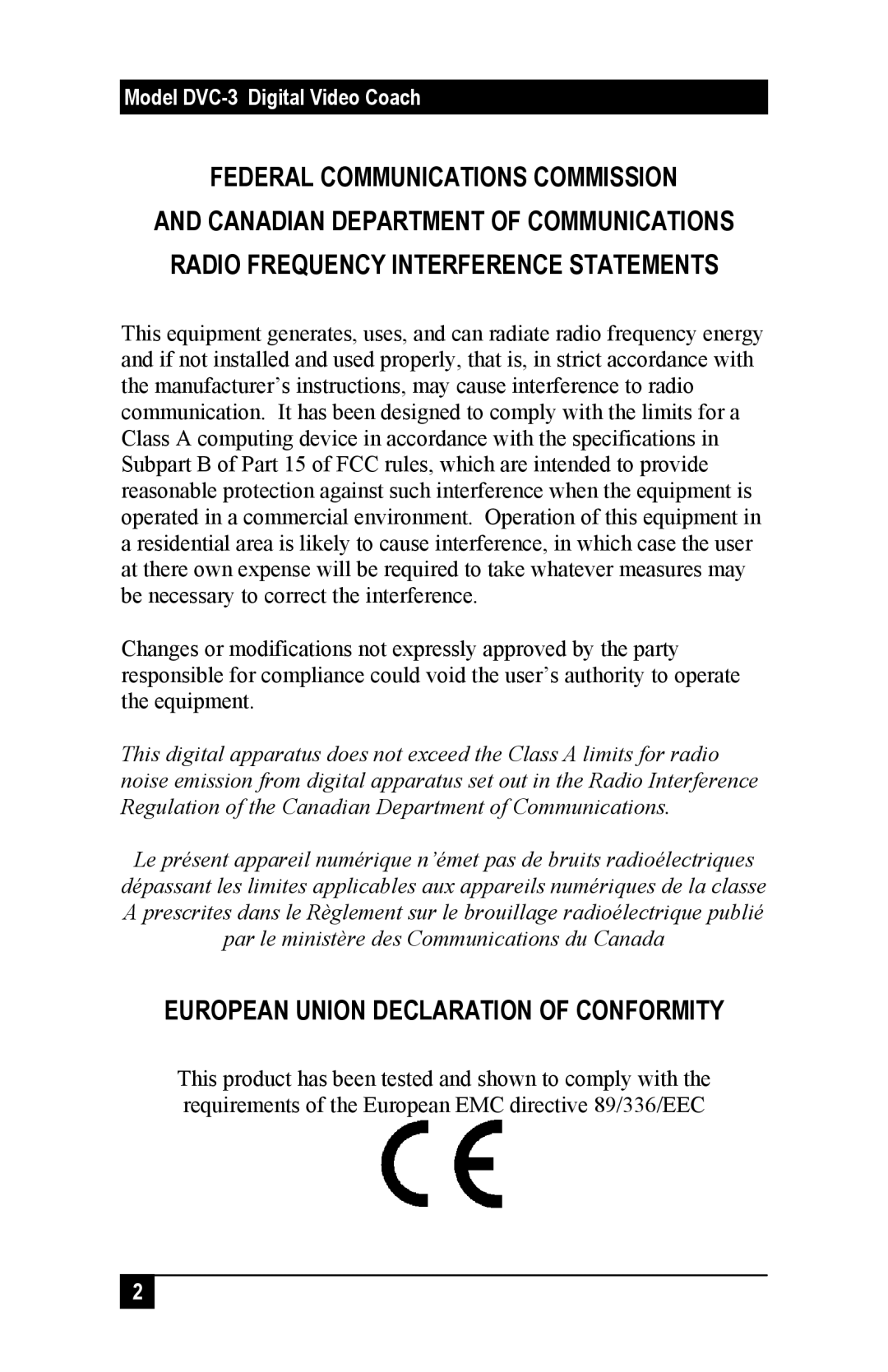 Sun Microsystems DVC-3 manual European Union Declaration of Conformity 