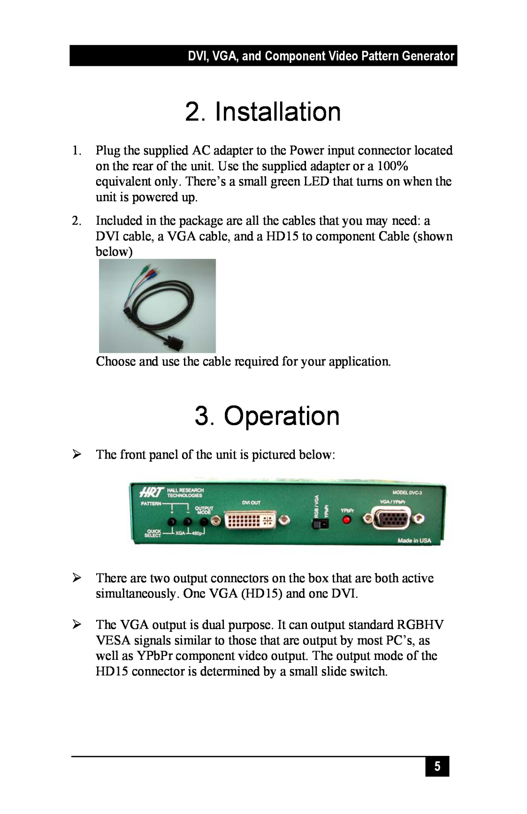 Sun Microsystems DVC-3 manual Installation, Operation, DVI, VGA, and Component Video Pattern Generator 