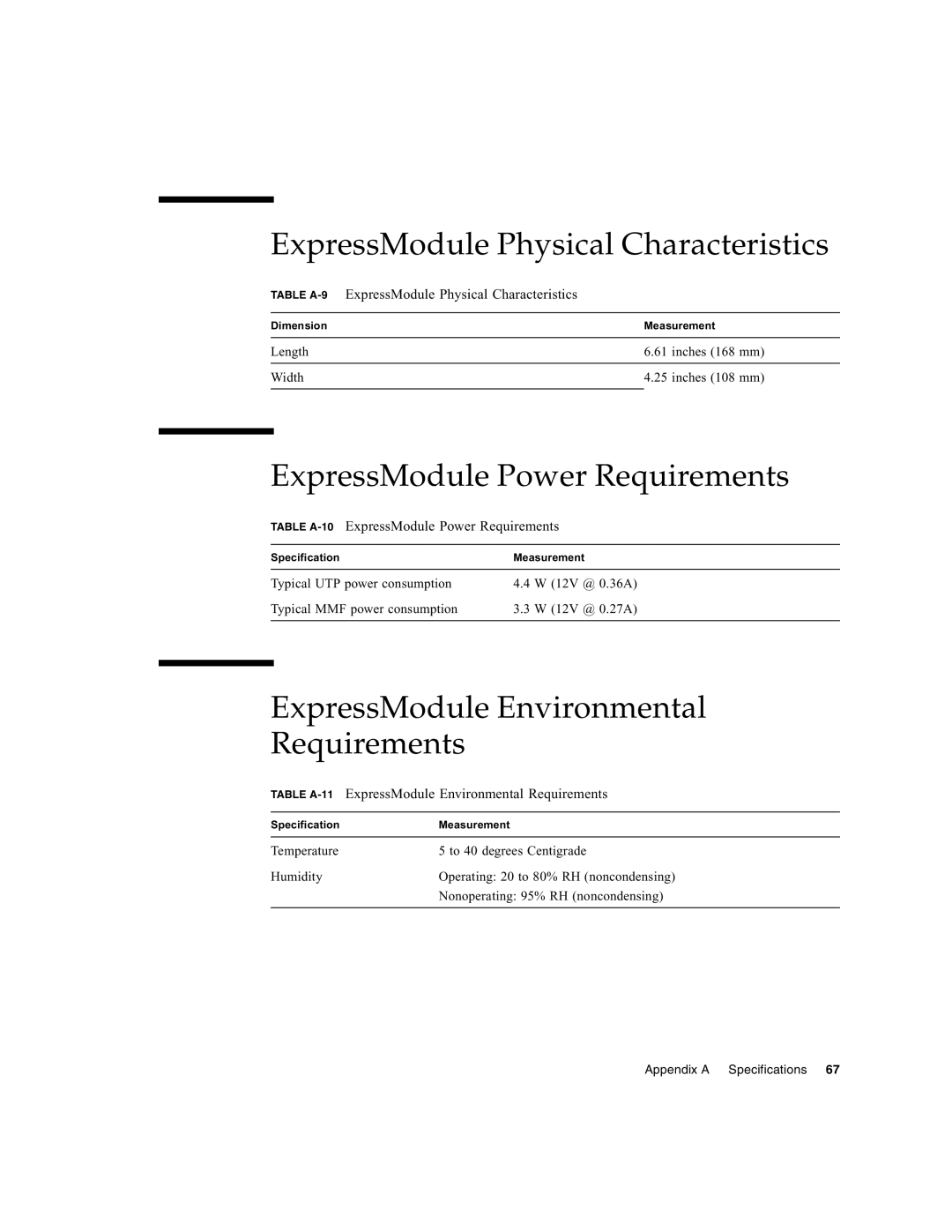 Sun Microsystems Ethernet MMF/UTP Adapter manual ExpressModule Physical Characteristics, ExpressModule Power Requirements 