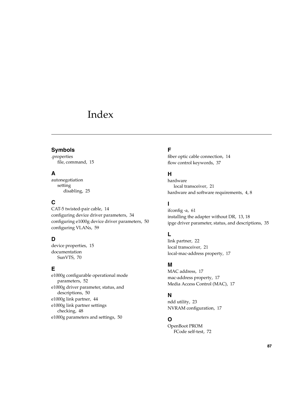 Sun Microsystems Ethernet MMF/UTP Adapter manual Index, Symbols 