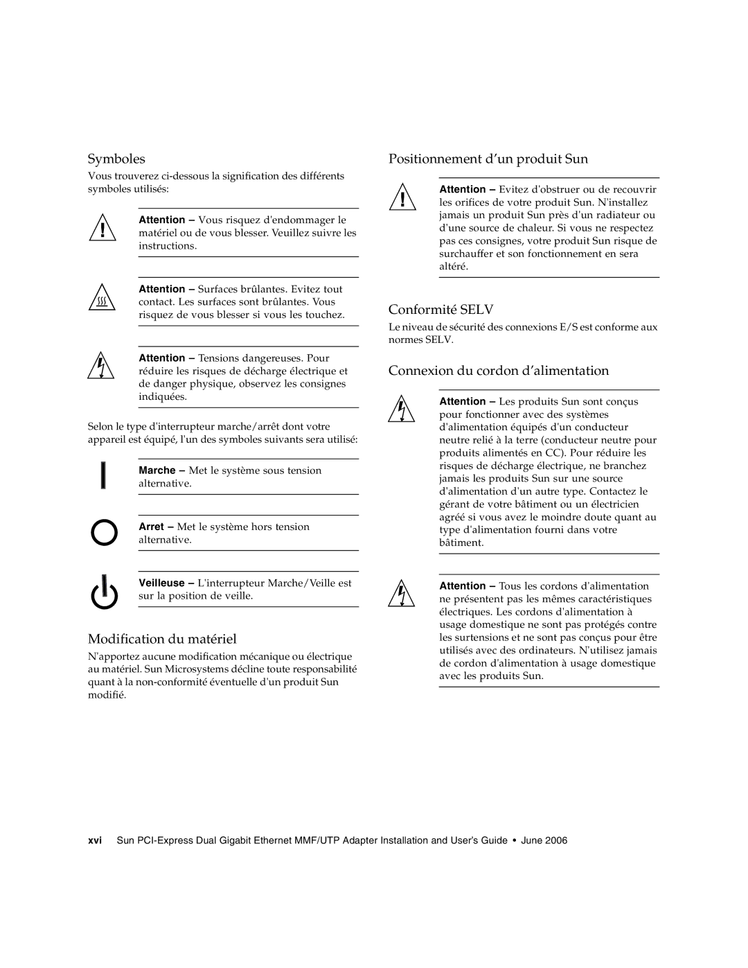 Sun Microsystems Ethernet MMF/UTP Adapter manual Symboles, Modification du matériel, Connexion du cordon d’alimentation 