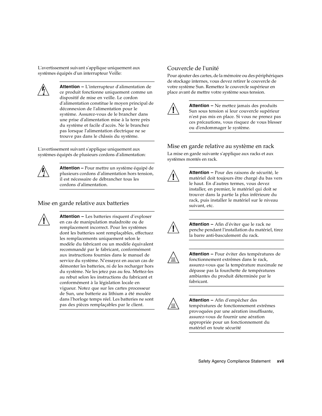 Sun Microsystems Ethernet MMF/UTP Adapter manual Mise en garde relative aux batteries Couvercle de lunité 