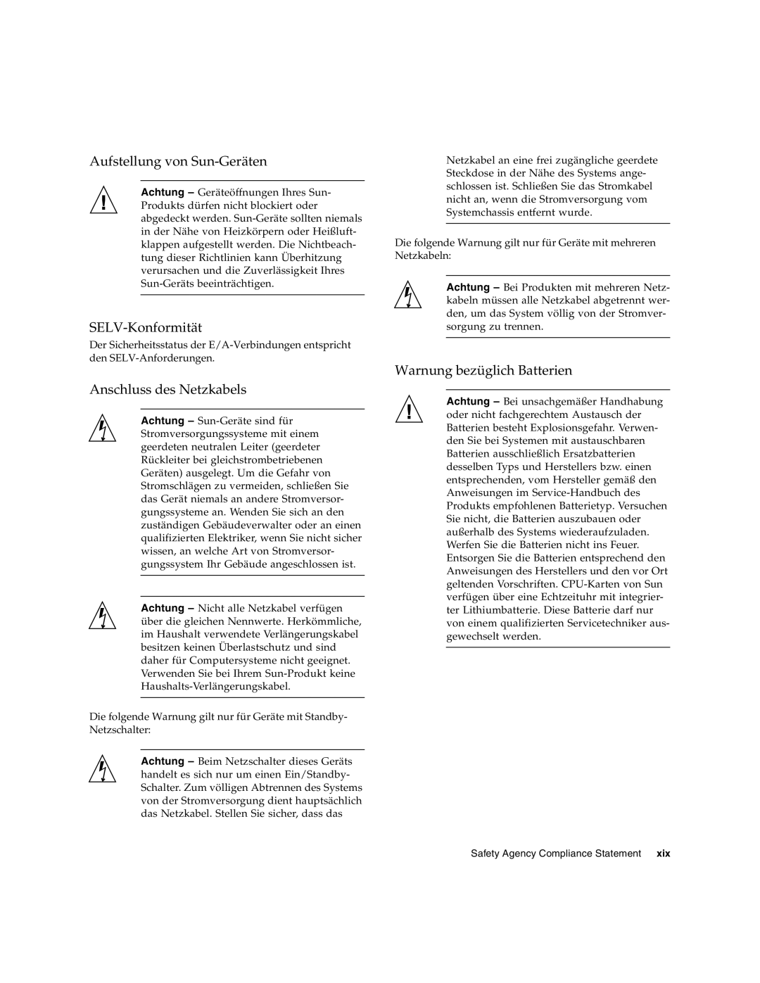 Sun Microsystems Ethernet MMF/UTP Adapter manual Aufstellung von Sun-Geräten, SELV-Konformität, Anschluss des Netzkabels 