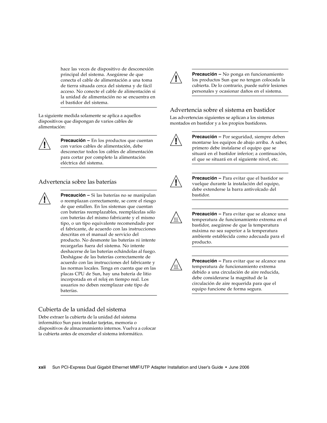 Sun Microsystems Ethernet MMF/UTP Adapter manual Advertencia sobre las baterías, Cubierta de la unidad del sistema 