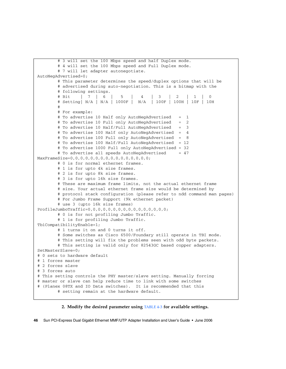 Sun Microsystems Ethernet MMF/UTP Adapter manual Modify the desired parameter using -3for available settings 