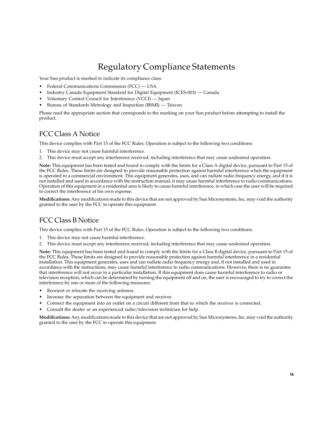 Sun Microsystems Ethernet MMF/UTP Adapter manual Regulatory Compliance Statements, FCC Class a Notice, FCC Class B Notice 