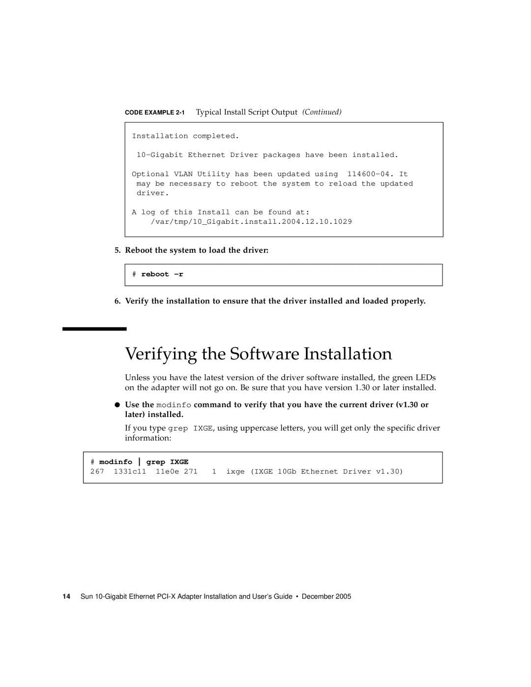 Sun Microsystems Ethernet PCI-X Adapter manual Verifying the Software Installation, Reboot the system to load the driver 