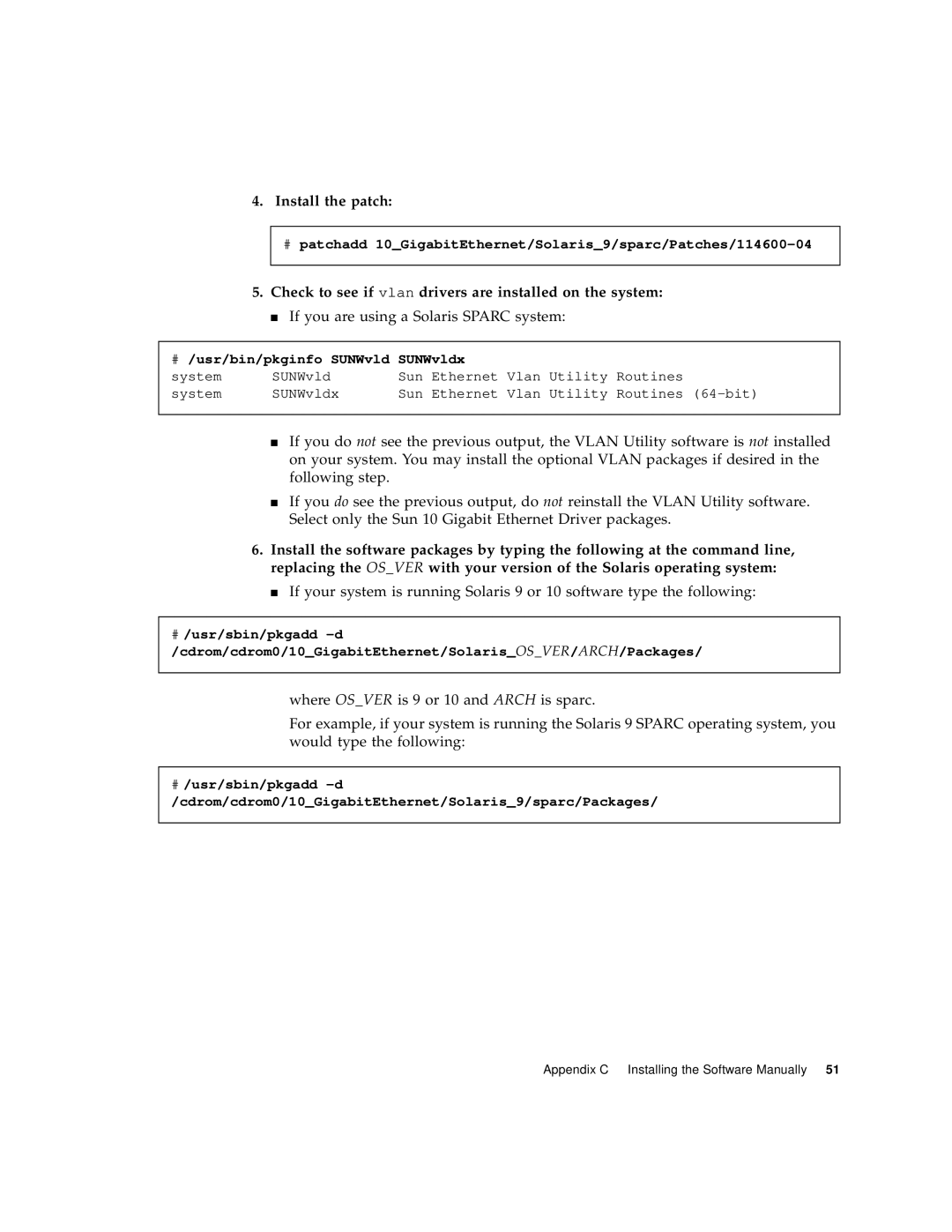 Sun Microsystems Ethernet PCI-X Adapter manual Install the patch, Check to see if vlan drivers are installed on the system 