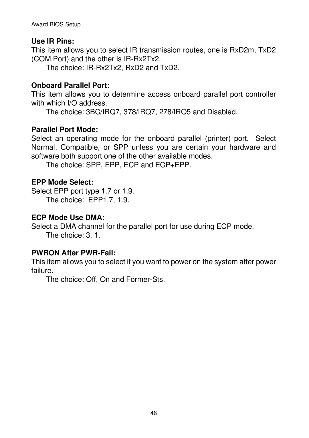 Sun Microsystems F815D/V manual Use IR Pins, Onboard Parallel Port, Parallel Port Mode, EPP Mode Select, ECP Mode Use DMA 