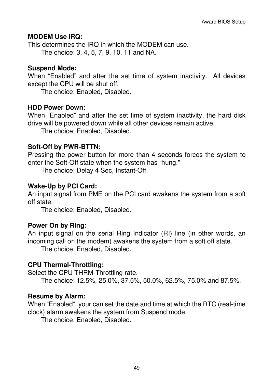 Sun Microsystems F815D/V manual Modem Use IRQ, Suspend Mode, HDD Power Down, Soft-Off by PWR-BTTN, Wake-Up by PCI Card 