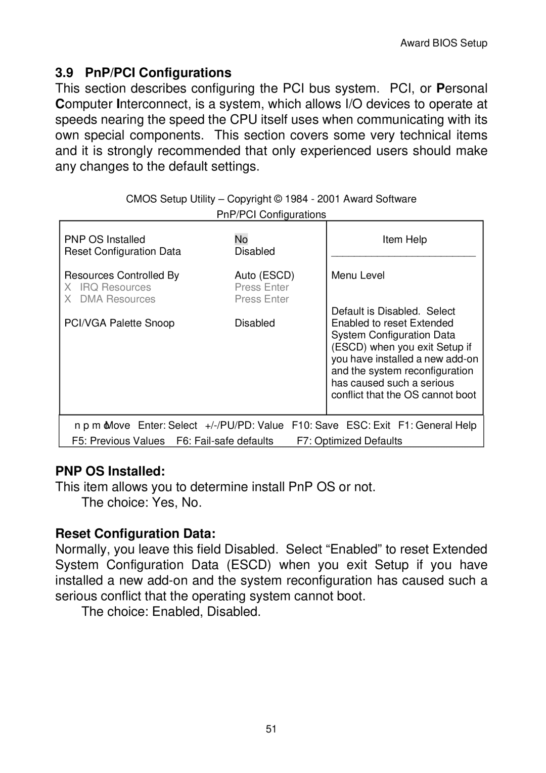 Sun Microsystems F815D/V manual PnP/PCI Configurations, PNP OS Installed, Reset Configuration Data 