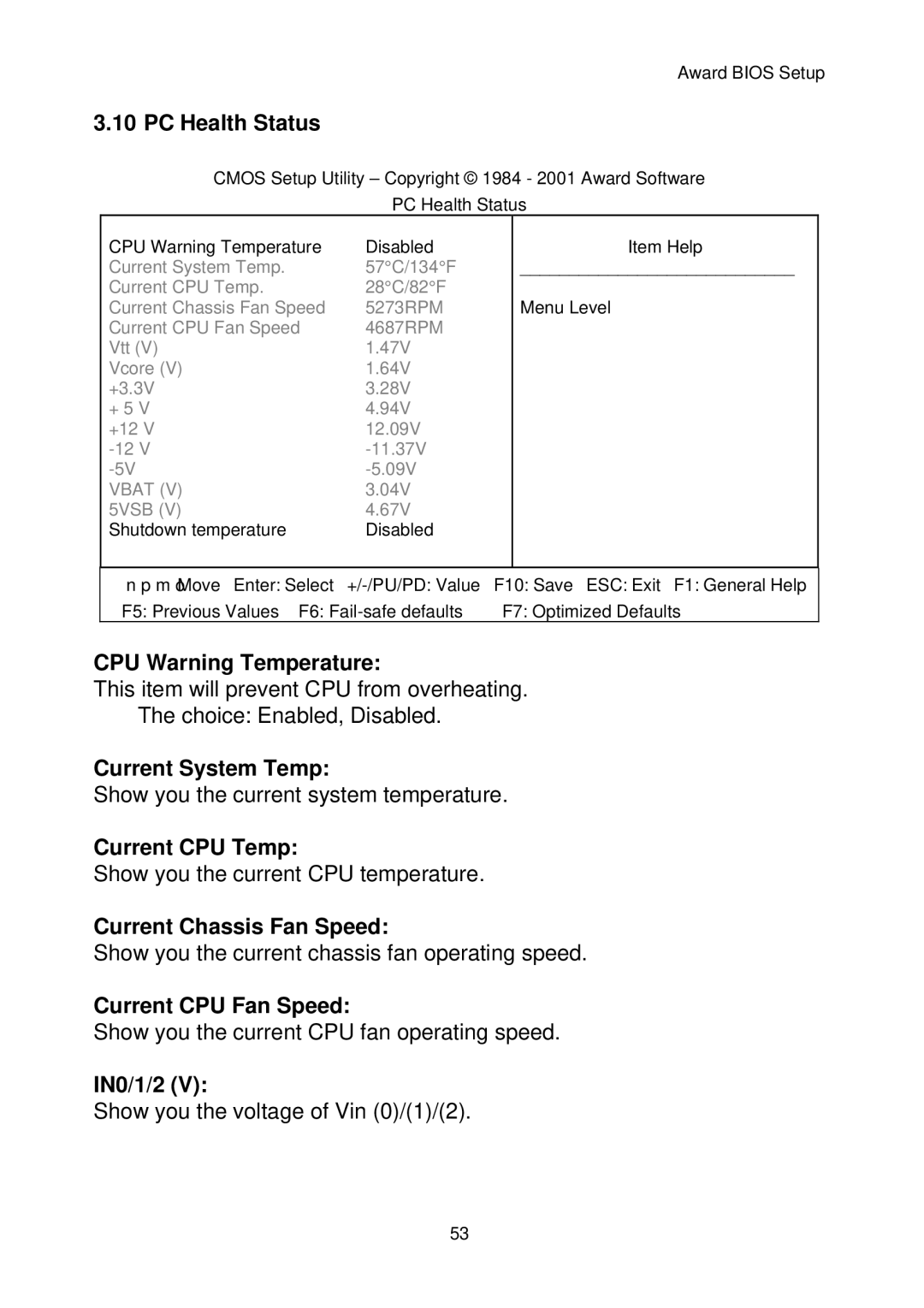 Sun Microsystems F815D CPU Warning Temperature, Current System Temp, Current CPU Temp, Current Chassis Fan Speed, IN0/1/2 