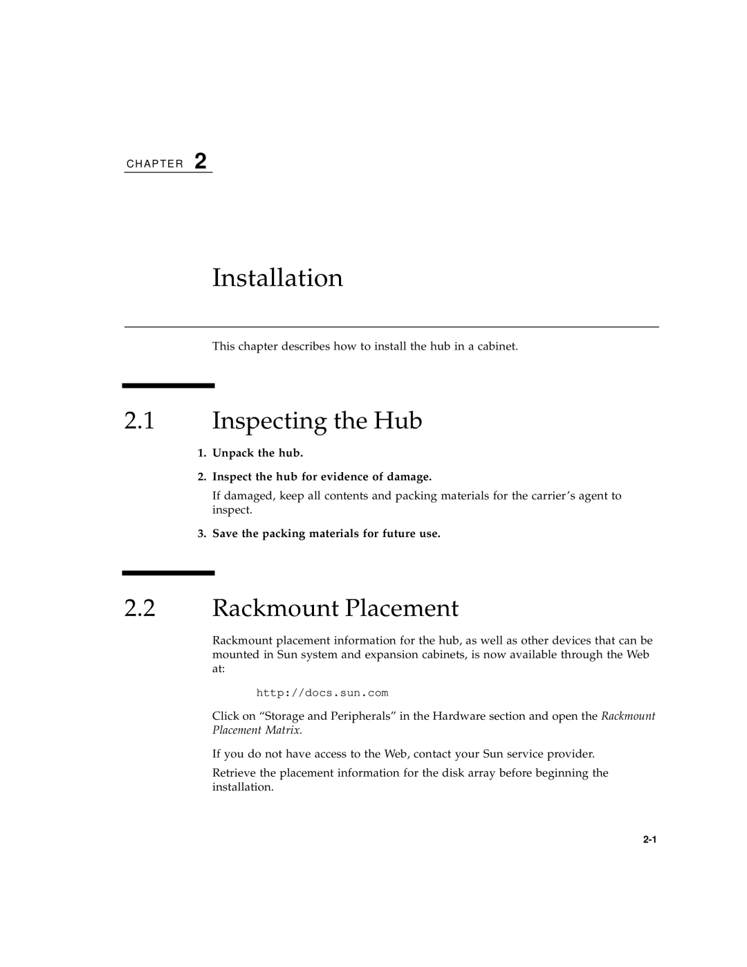 Sun Microsystems FC-100 service manual Inspecting the Hub, Rackmount Placement 