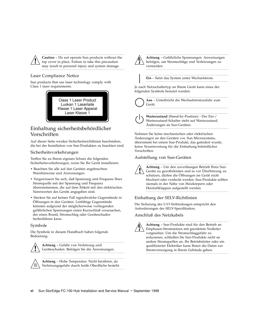 Sun Microsystems FC-100 service manual Einhaltung sicherheitsbehördlicher Vorschriften 