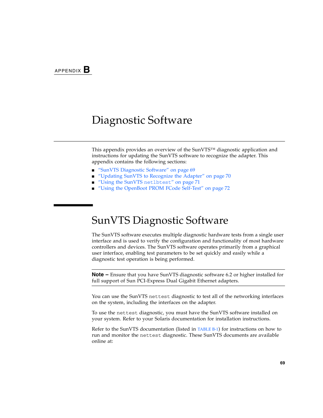 Sun Microsystems Gigabit Ethernet MMF/UTP Adapter manual “SunVTS Diagnostic Software” on page 