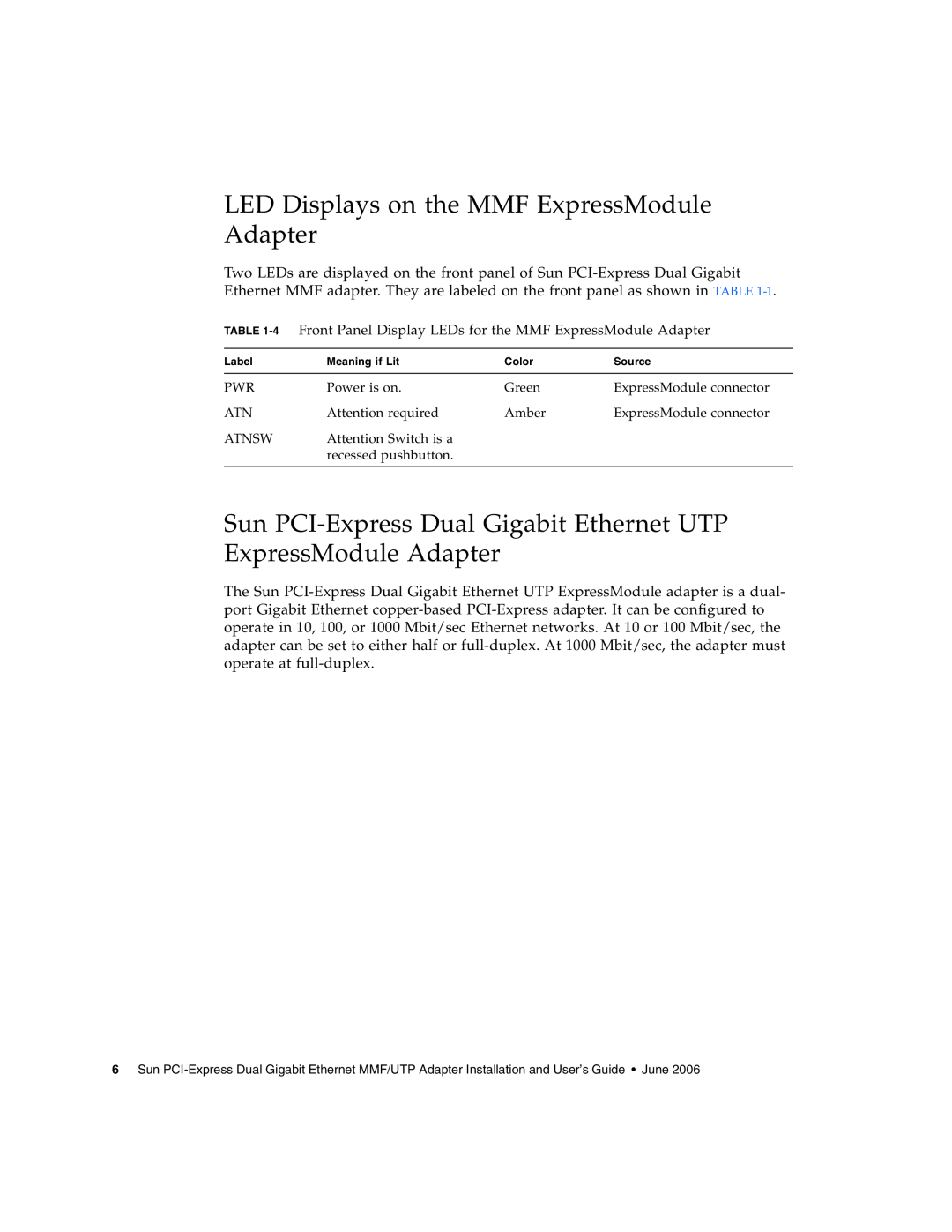 Sun Microsystems Gigabit Ethernet MMF/UTP Adapter manual LED Displays on the MMF ExpressModule Adapter 