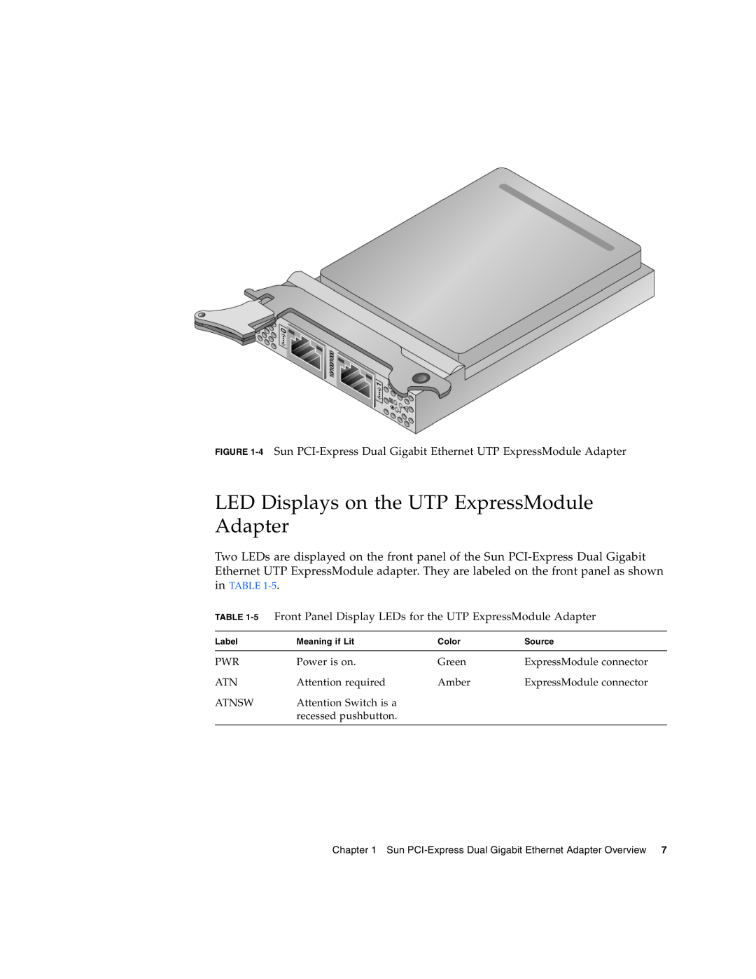 Sun Microsystems Gigabit Ethernet MMF/UTP Adapter manual LED Displays on the UTP ExpressModule Adapter 