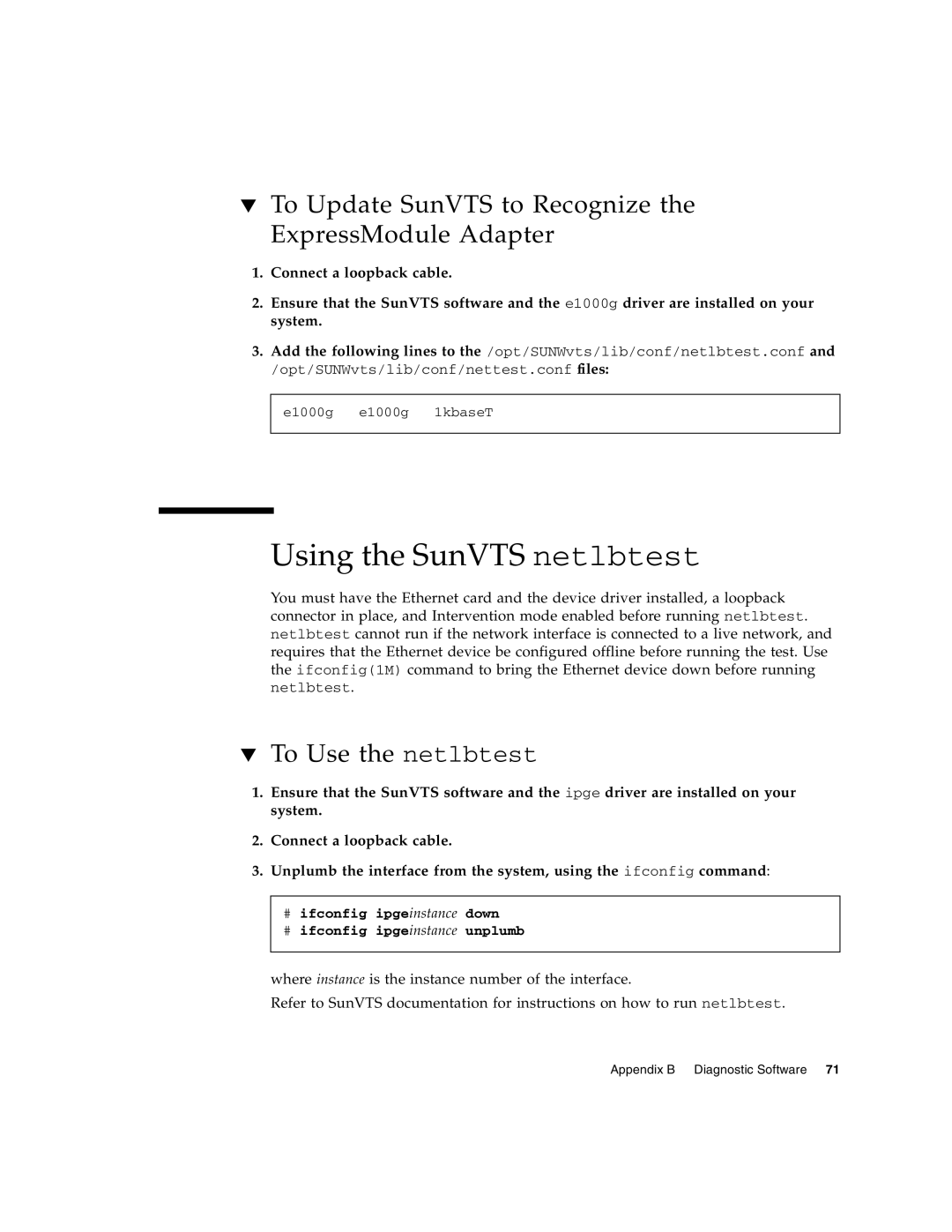 Sun Microsystems Gigabit Ethernet MMF/UTP Adapter manual Using the SunVTS netlbtest, To Use the netlbtest 