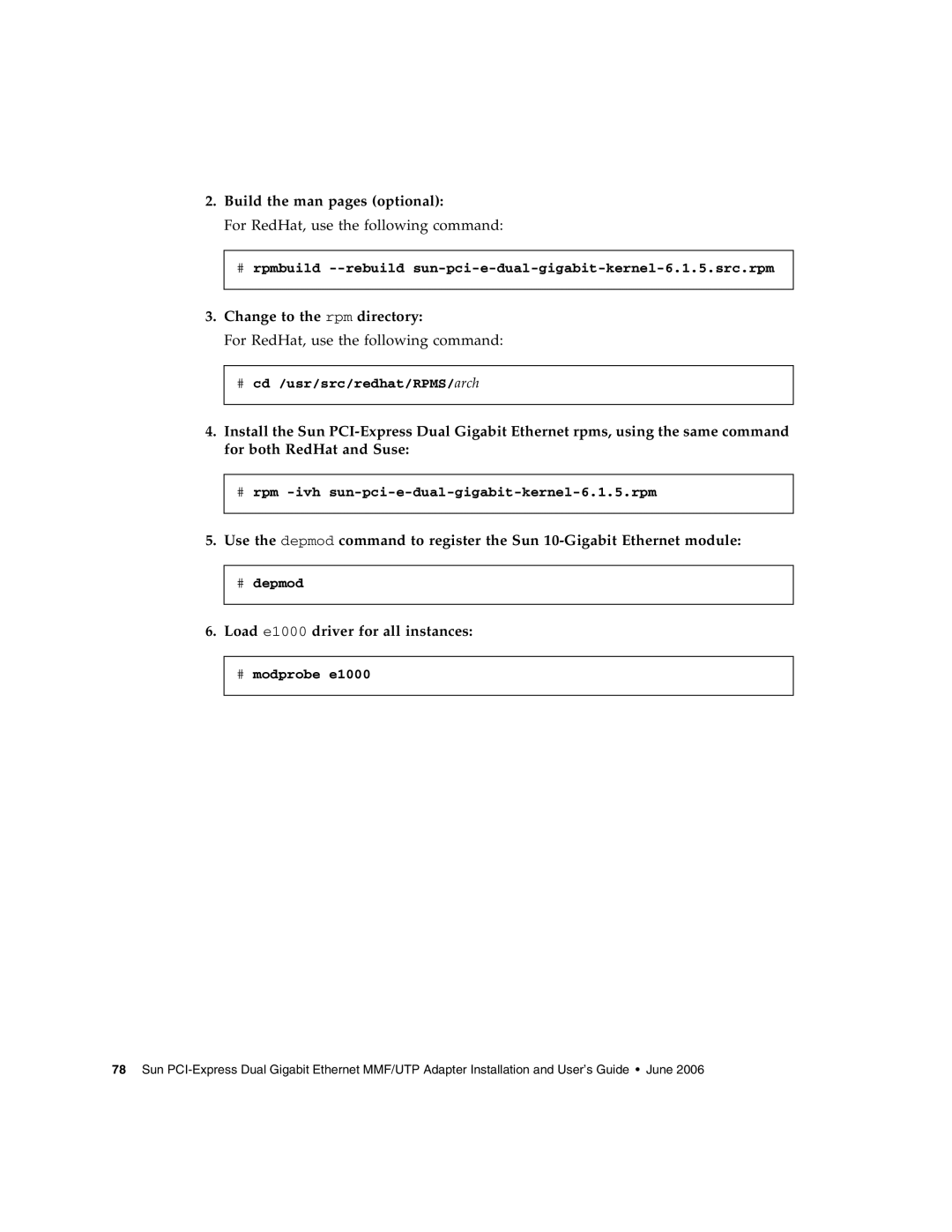 Sun Microsystems Gigabit Ethernet MMF/UTP Adapter manual Build the man pages optional, Change to the rpm directory 