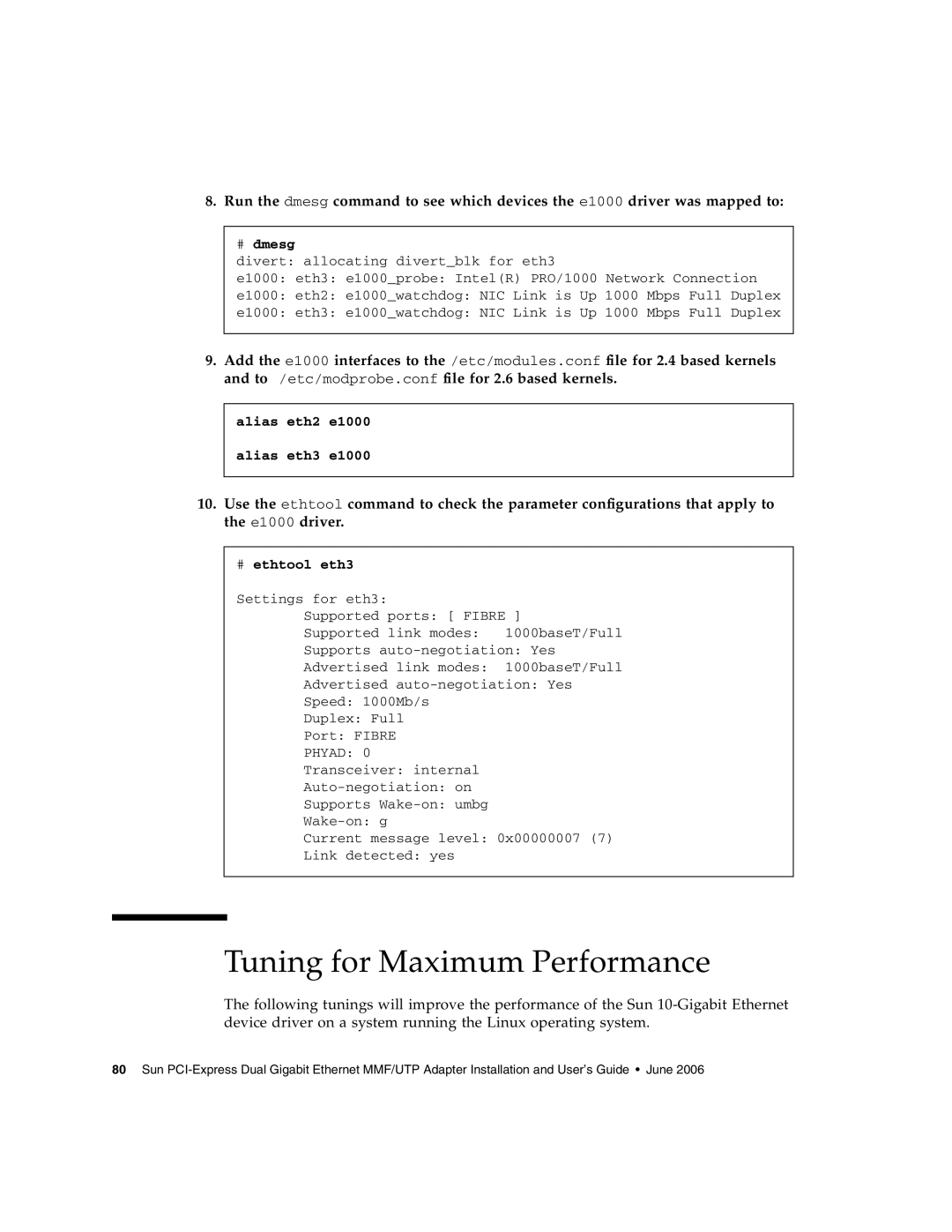 Sun Microsystems Gigabit Ethernet MMF/UTP Adapter manual Tuning for Maximum Performance, # dmesg, # ethtool eth3 