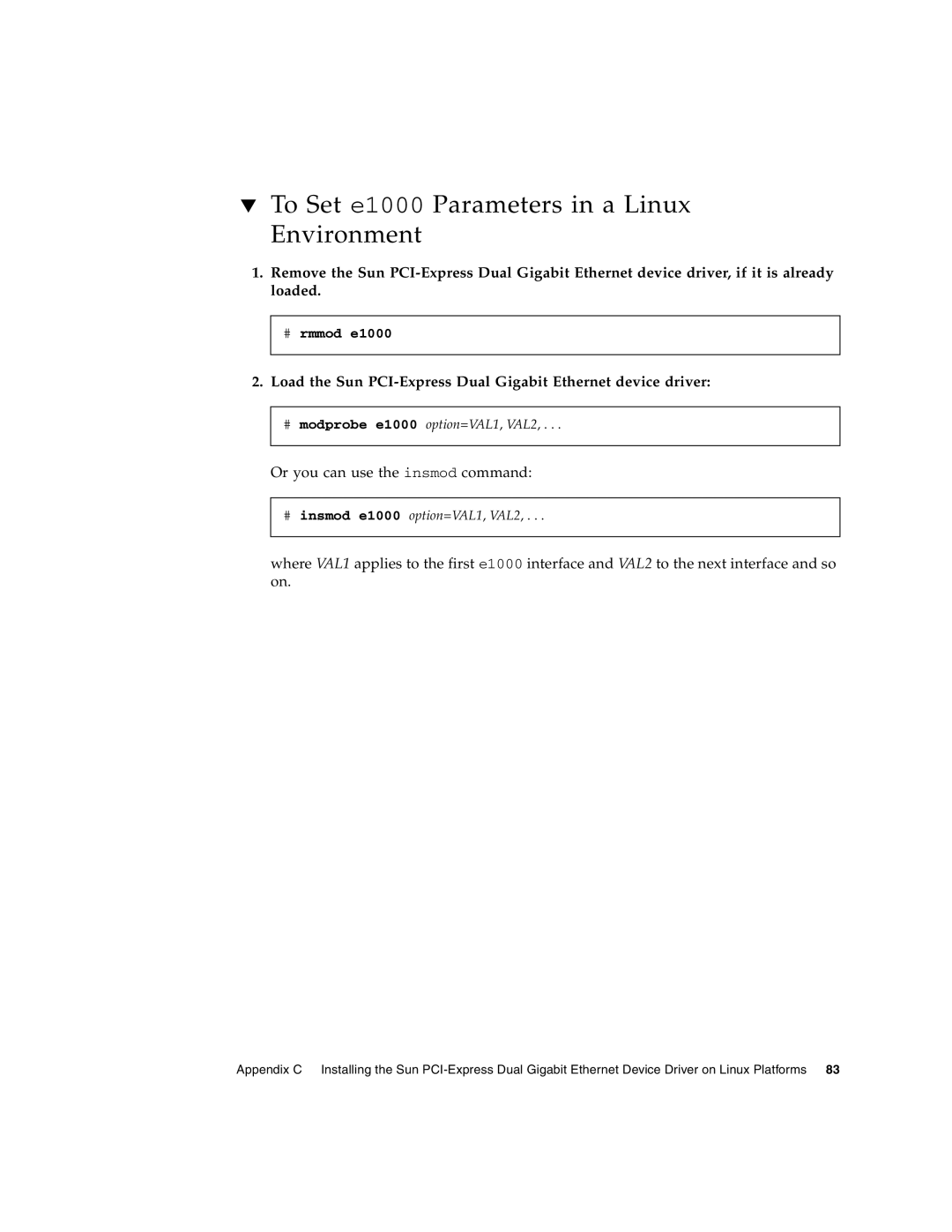 Sun Microsystems Gigabit Ethernet MMF/UTP Adapter manual To Set e1000 Parameters in a Linux Environment, # rmmod e1000 