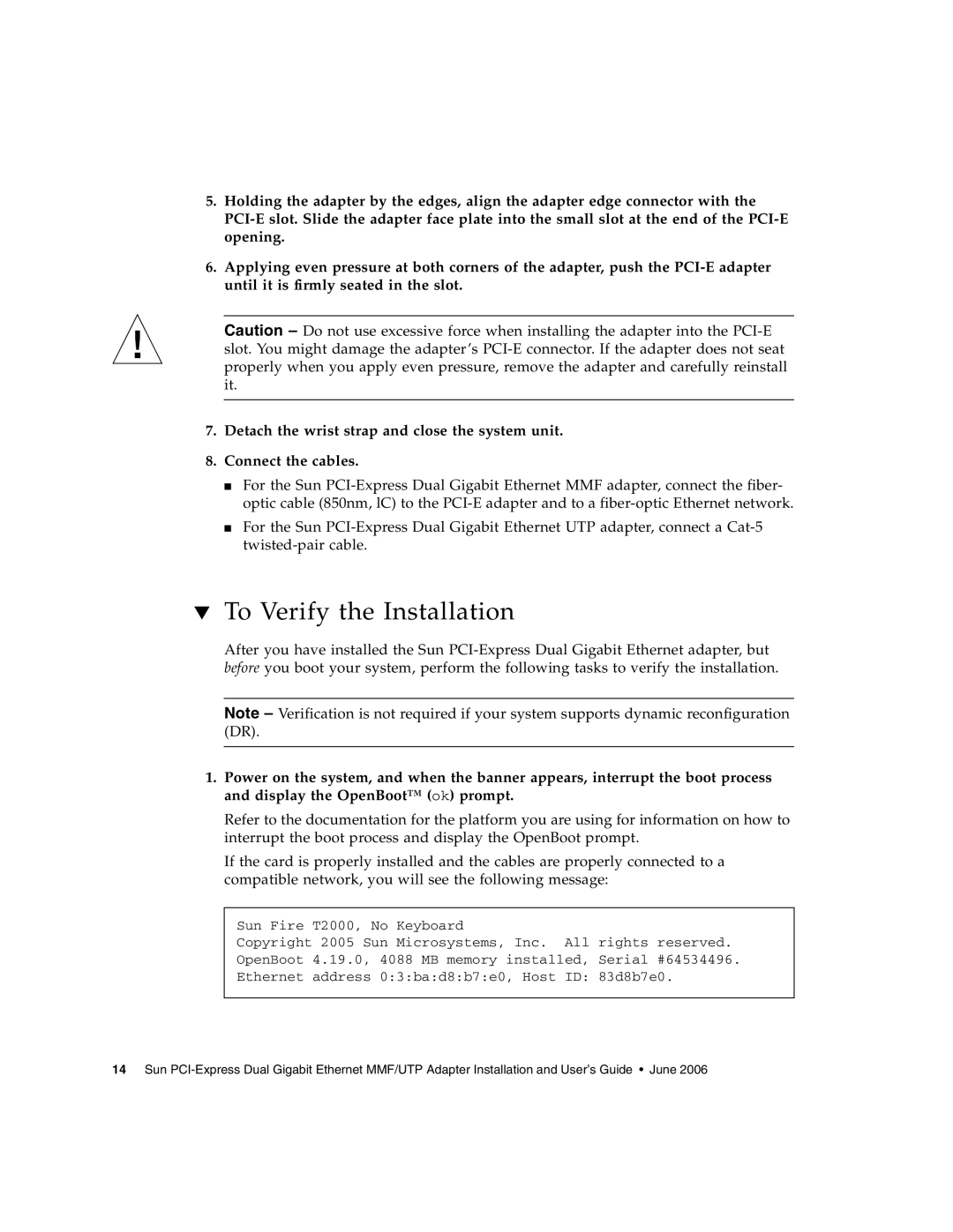 Sun Microsystems Gigabit Ethernet MMF/UTP Adapter manual To Verify the Installation 