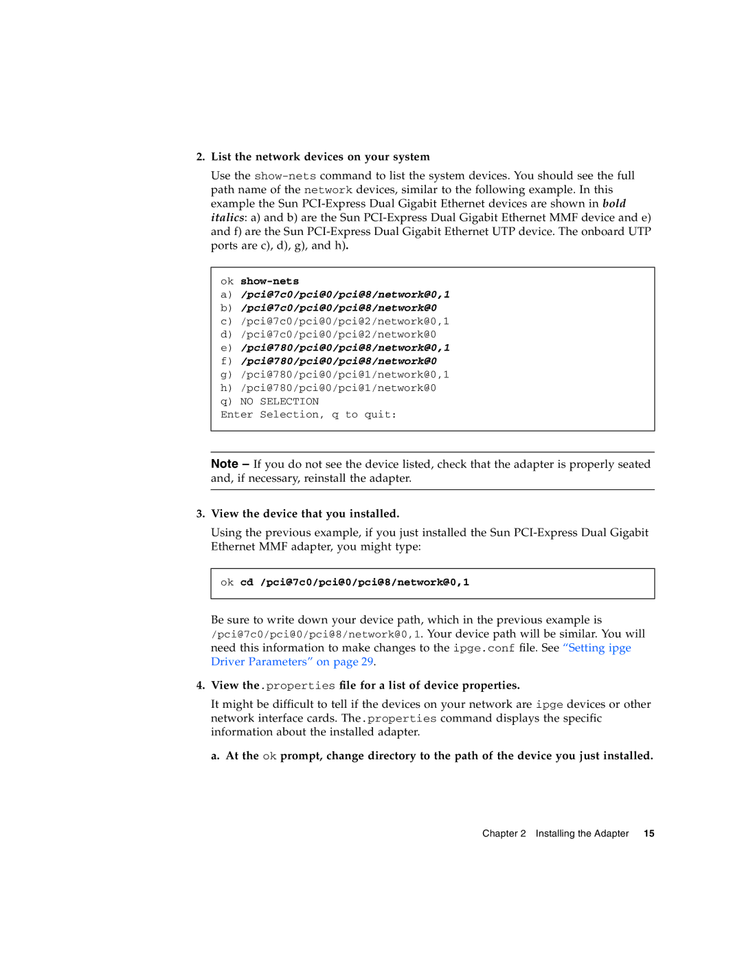 Sun Microsystems Gigabit Ethernet MMF/UTP Adapter manual List the network devices on your system, Ok show-nets 