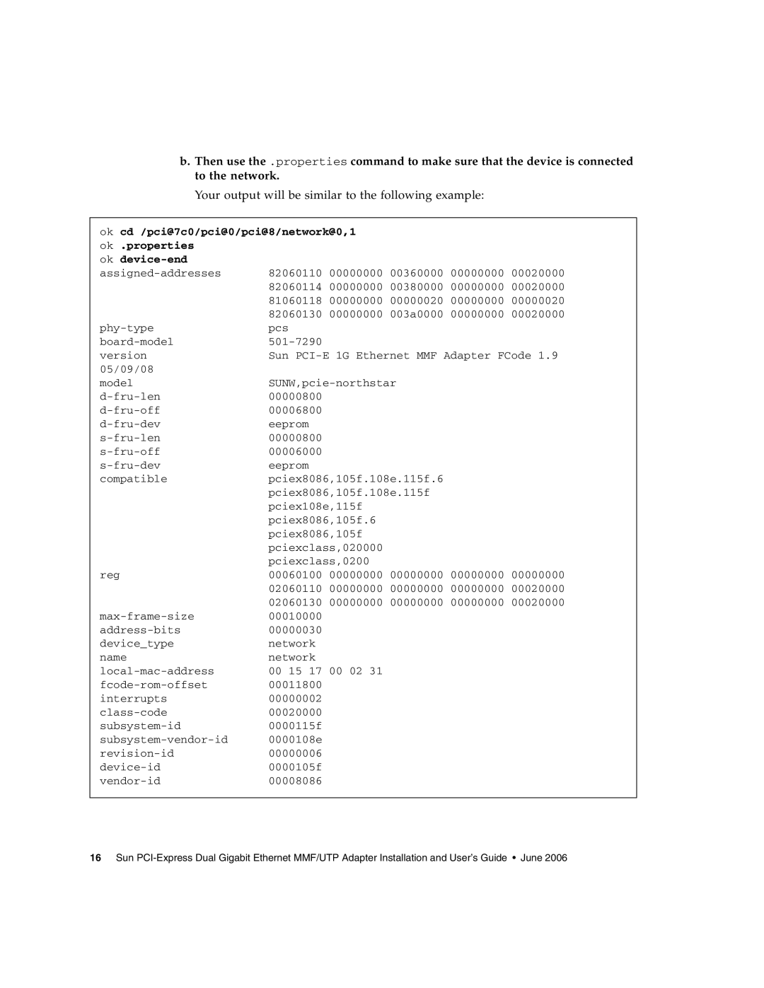 Sun Microsystems Gigabit Ethernet MMF/UTP Adapter manual Your output will be similar to the following example 