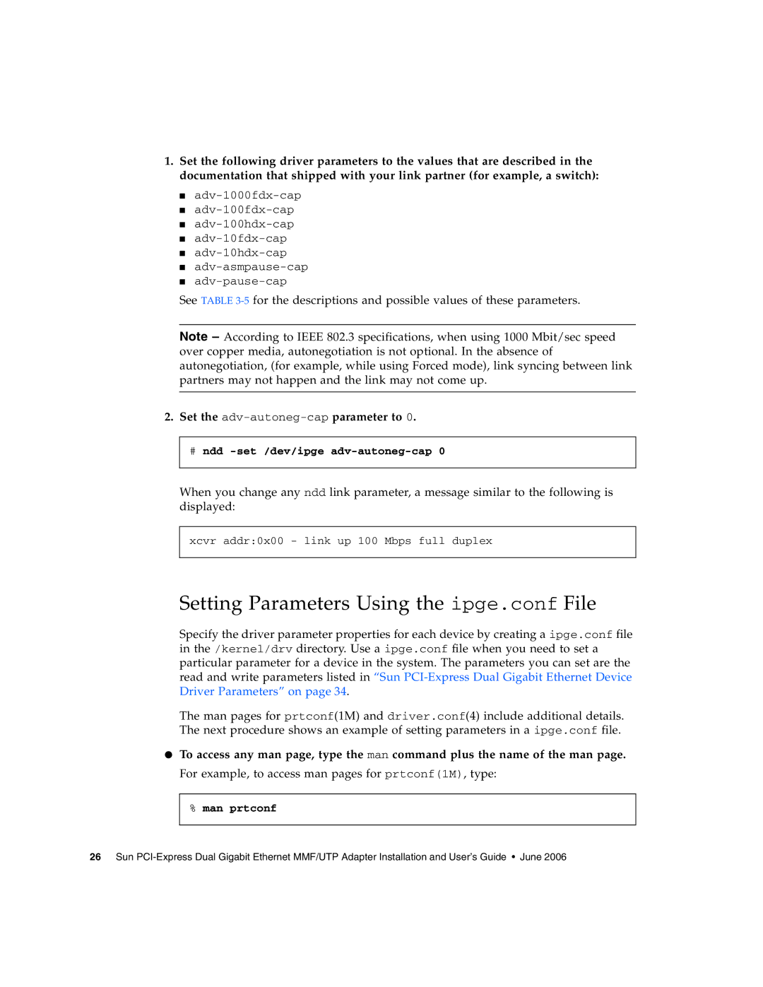 Sun Microsystems Gigabit Ethernet MMF/UTP Adapter manual Setting Parameters Using the ipge.conf File, Man prtconf 