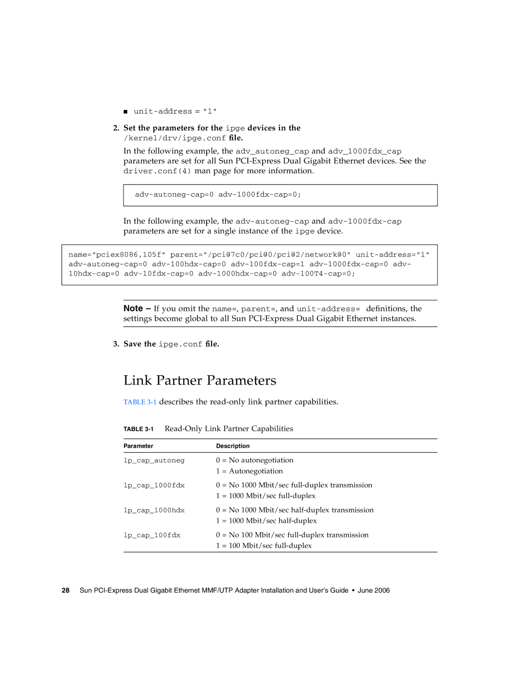 Sun Microsystems Gigabit Ethernet MMF/UTP Adapter manual Link Partner Parameters, Set the parameters for the ipge devices 