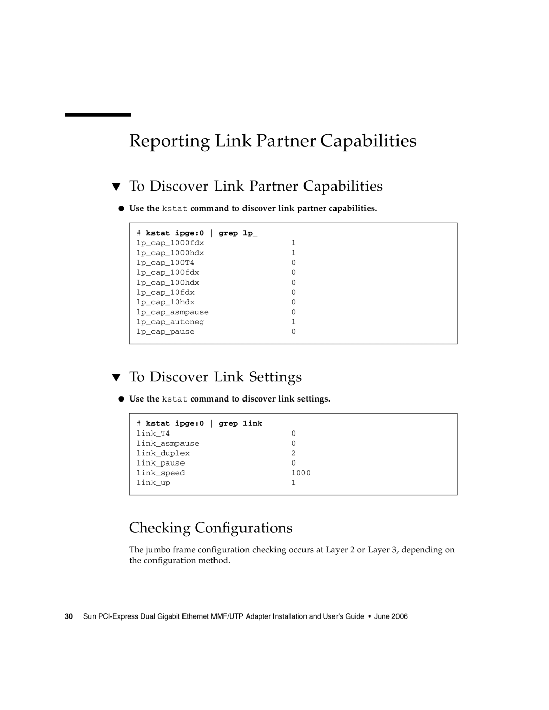 Sun Microsystems Gigabit Ethernet MMF/UTP Adapter manual Reporting Link Partner Capabilities, To Discover Link Settings 