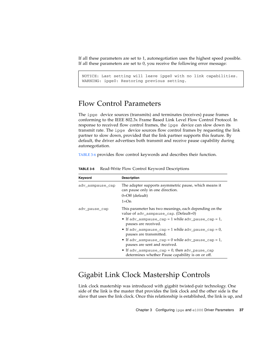 Sun Microsystems Gigabit Ethernet MMF/UTP Adapter manual Flow Control Parameters, Gigabit Link Clock Mastership Controls 