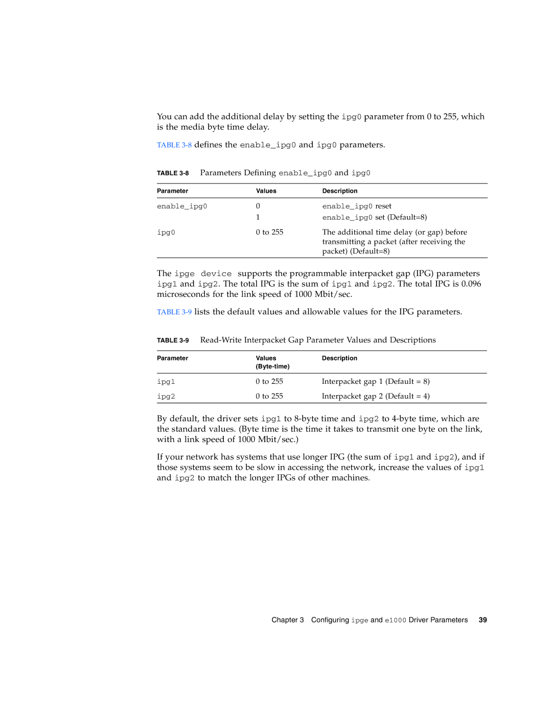 Sun Microsystems Gigabit Ethernet MMF/UTP Adapter manual 8Parameters Defining enableipg0 and ipg0 