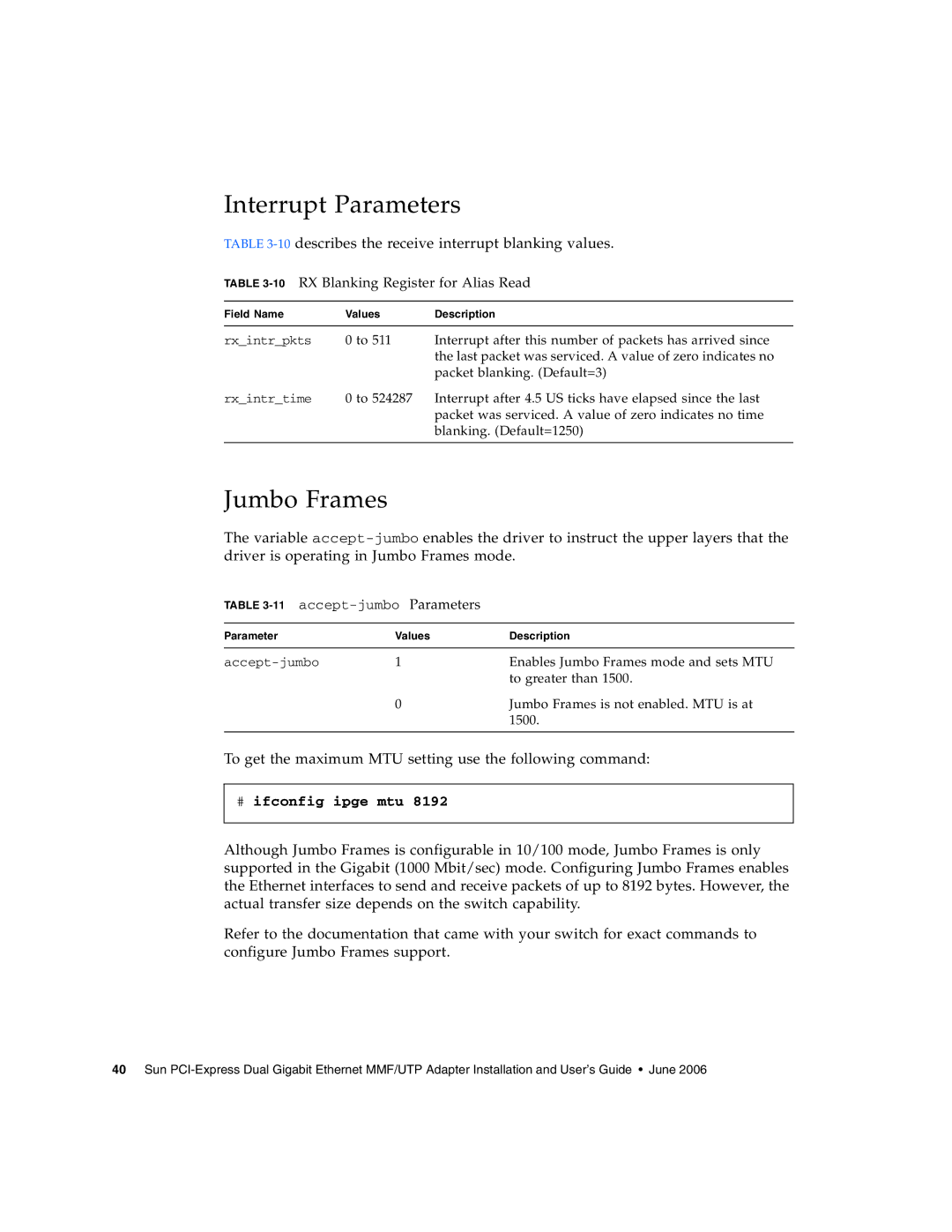 Sun Microsystems Gigabit Ethernet MMF/UTP Adapter manual Interrupt Parameters, Jumbo Frames 