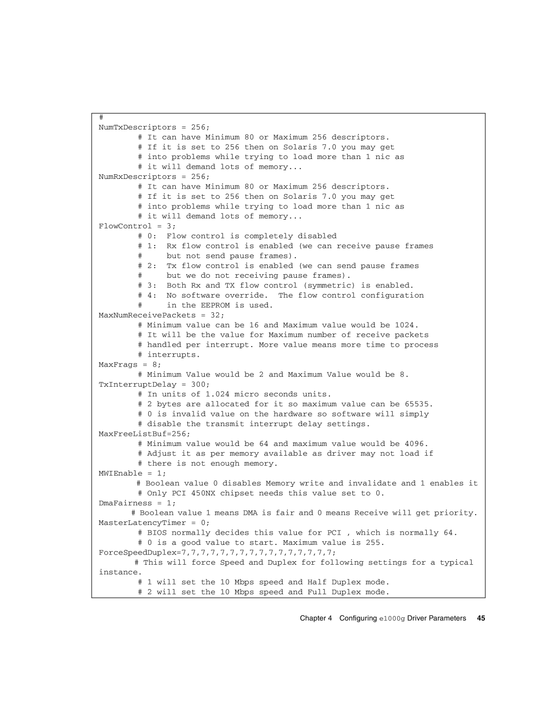 Sun Microsystems Gigabit Ethernet MMF/UTP Adapter manual Configuring e1000g Driver Parameters 