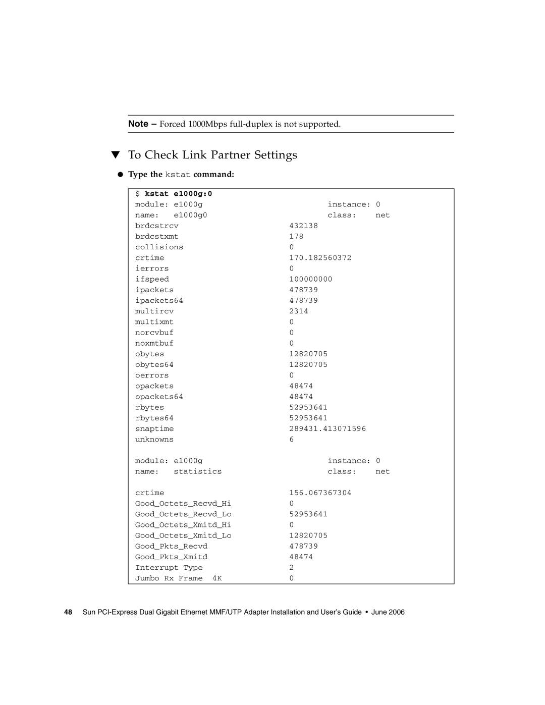 Sun Microsystems Gigabit Ethernet MMF/UTP Adapter To Check Link Partner Settings, Type the kstat command, $ kstat e1000g0 