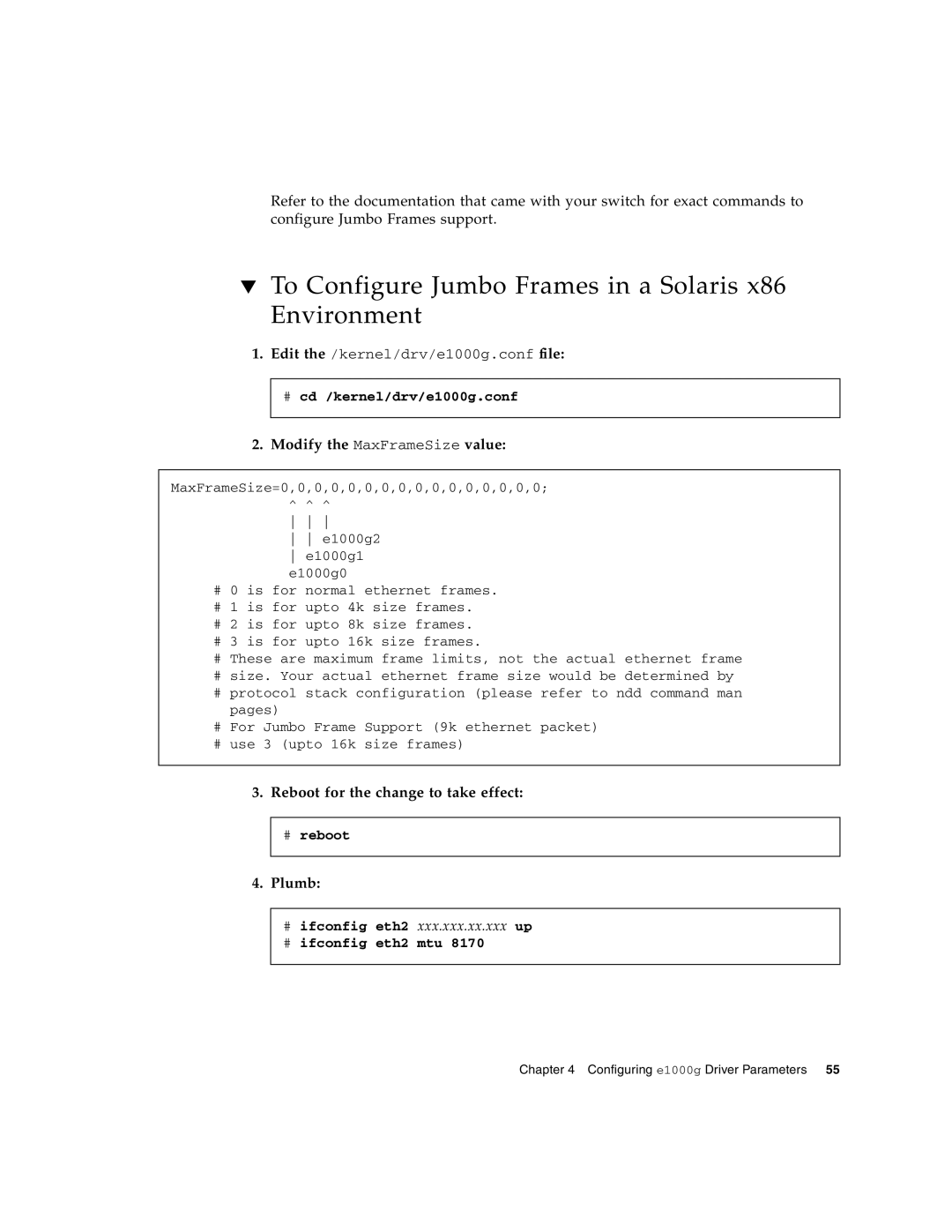 Sun Microsystems Gigabit Ethernet MMF/UTP Adapter manual To Configure Jumbo Frames in a Solaris x86 Environment, Plumb 