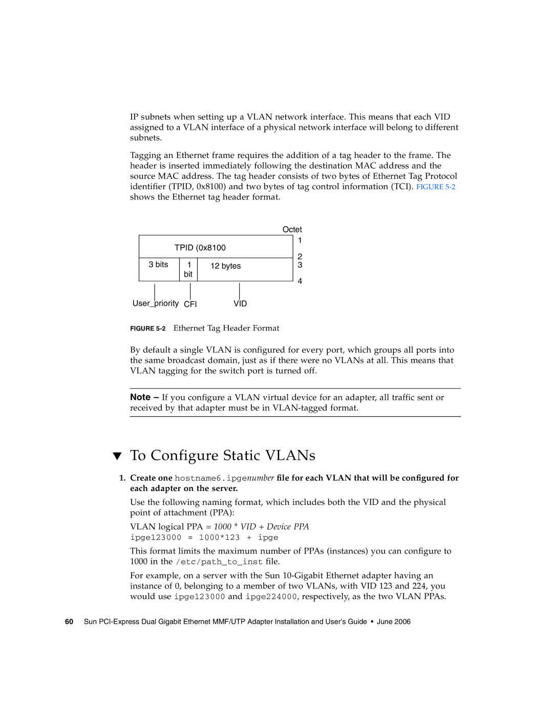 Sun Microsystems Gigabit Ethernet MMF/UTP Adapter manual To Configure Static VLANs, 2Ethernet Tag Header Format 