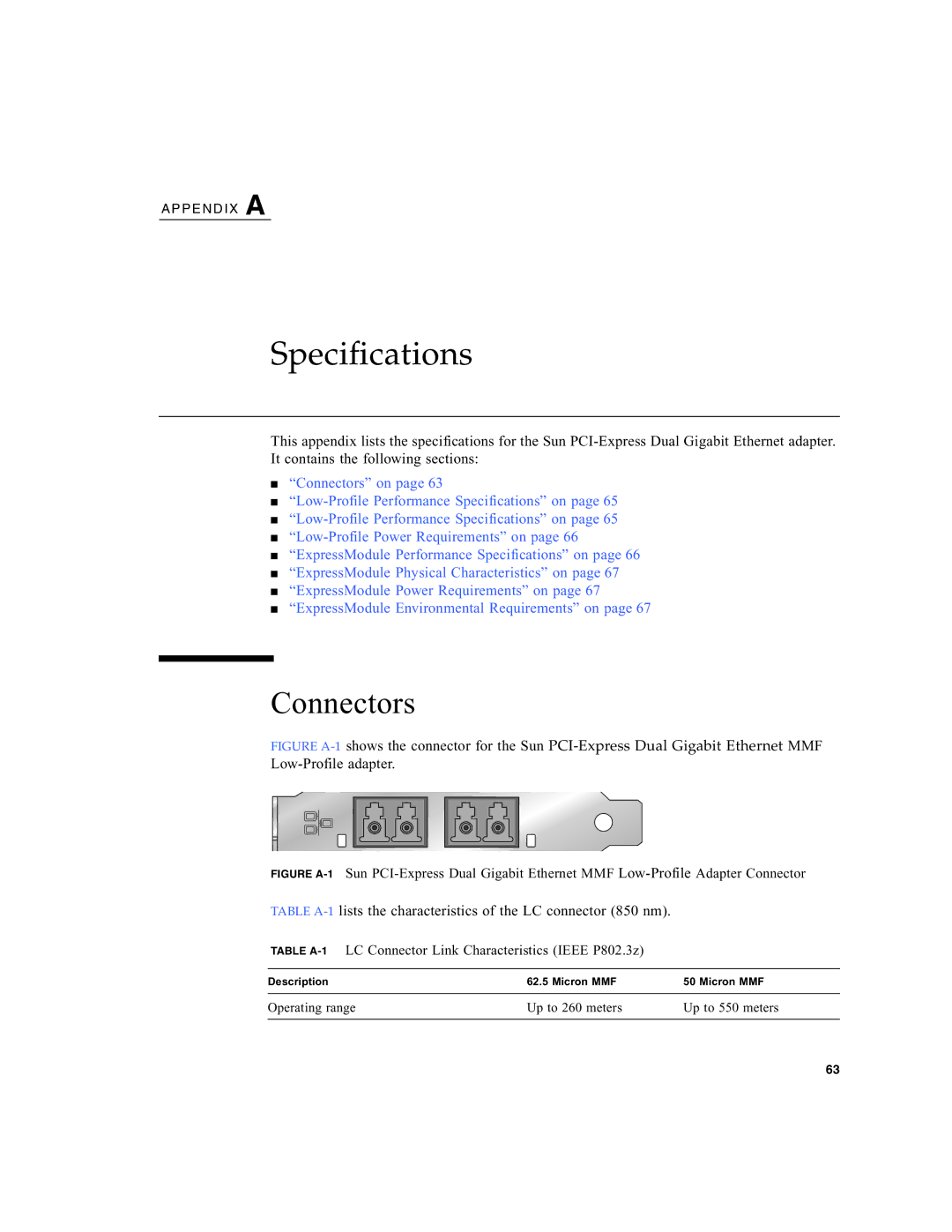 Sun Microsystems Gigabit Ethernet MMF/UTP Adapter Connectors, Table A-1LC Connector Link Characteristics Ieee P802.3z 