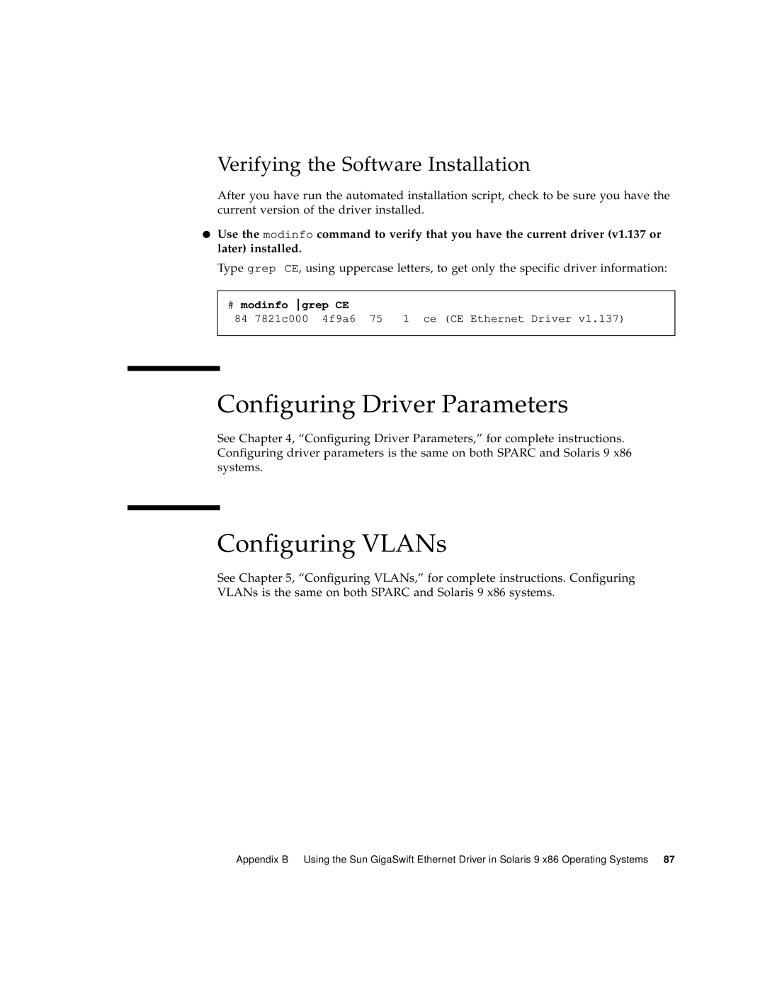 Sun Microsystems GigaSwift Ethernet Adapter manual Configuring Driver Parameters, Verifying the Software Installation 